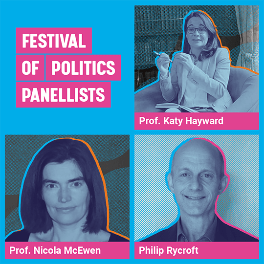 Graphic containing images of panellists Professor Katy Hayward, Professor Nicola McEwan, Philip Rycroft.