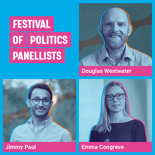 Graphic containing images of panellists Douglas Westwater, Jimmy Paul, Emma Congreve.