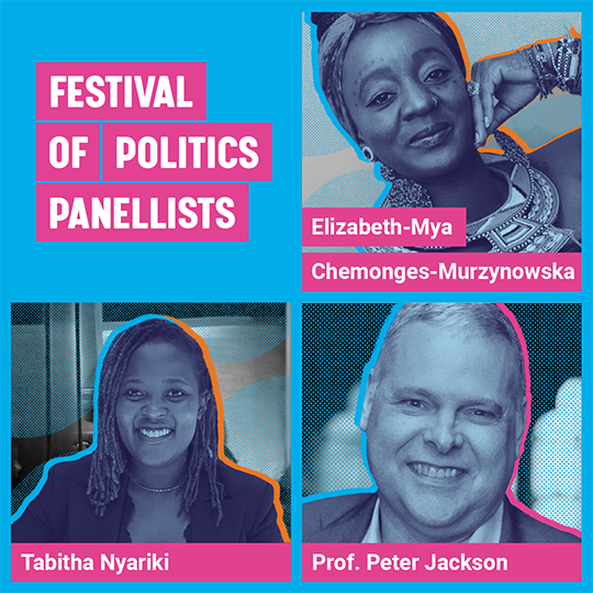 Graphic containing images of panellists Tabitha Nyariki, Professor Peter Jackson, Elizabeth-Mya Chemonges-Murzynowska.