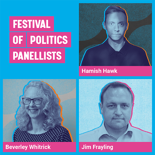Graphic containing images of panellists Hamish Hawk, Beverley Whitrick, Jim Frayling.