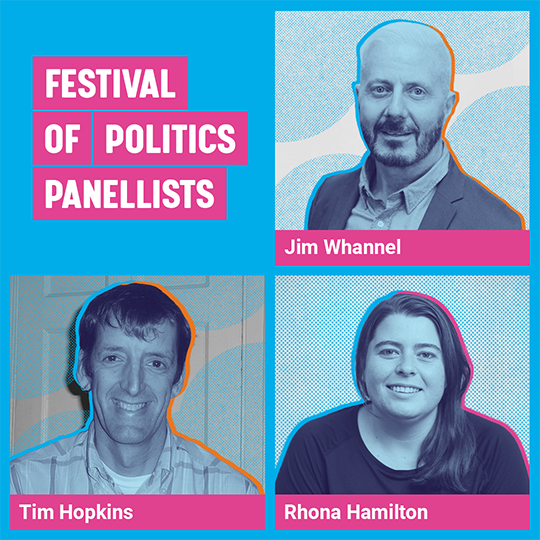 Graphic containing images of panellists Rhona Hamilton, Tim Hopkins, Jim Whannel.