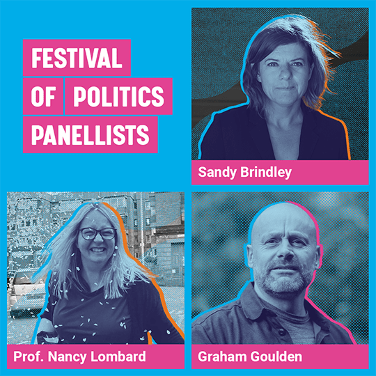 Graphic containing images of panellists Professor Nancy Lombard, Graham Goulden, Sandy Brindley.