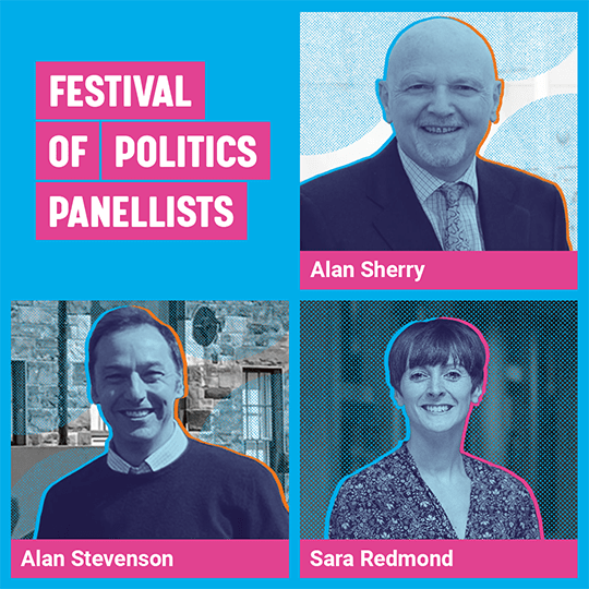 Graphic containing images of panellists Alan Stevenson, Sara Redmond, Alan Sherry. 