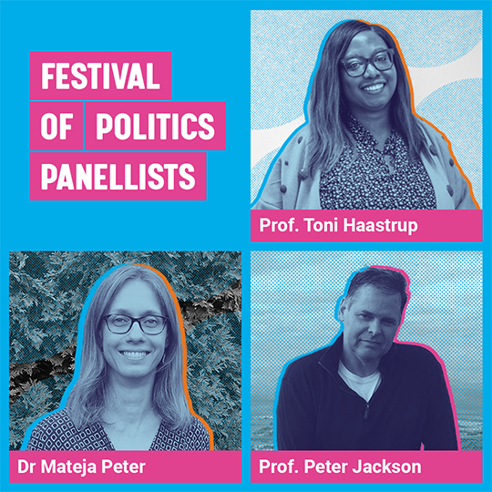 Graphic containing images of panellists Professor Toni Haastrup, Doctor Mateja Peter, Professor Peter Jackson.